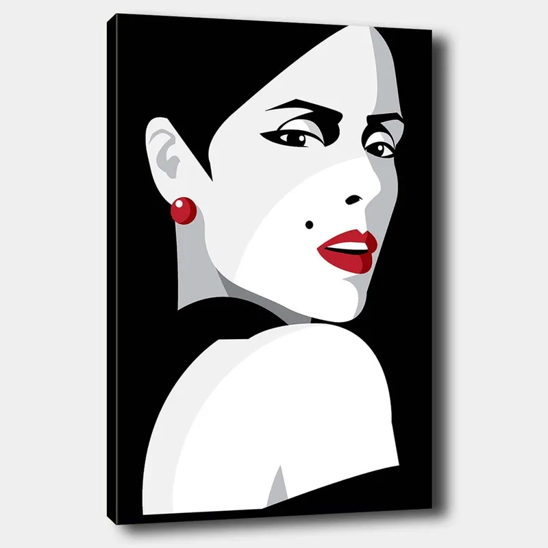 Lerretsbilde 70x100 cm - Stilisert portrett av en kvinne med et dramatisk utseende, Rød / Svart / Hvit