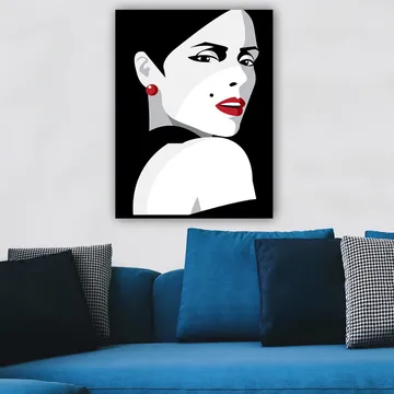 Lerretsbilde 70x100 cm - Stilisert portrett av en kvinne med et dramatisk utseende - Rød / Svart / Hvit - Interiør - Maleri & posters - Lerretsbilder