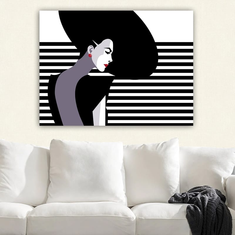 Lerretsbilde 70x100 cm - Stilisert profil av en kvinne med stort, svart hår og røde øredobber - Svart / Hvit / Grå - Interiør - Maleri & posters - Lerretsbilder