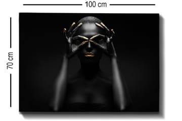 Lerretsbilde 70x100 cm - Stilisert portrettbilde av en kvinne med svarte hender som danner et par øyne, med gylne detaljer på lepper og fingertupper - Svart / Gull - Interiør - Maleri & posters - Lerretsbilder