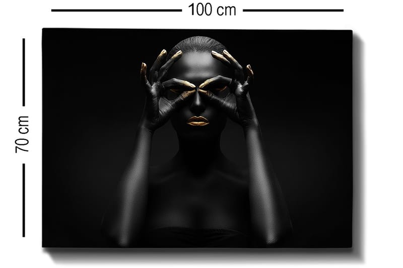 Lerretsbilde 70x100 cm - Stilisert portrettbilde av en kvinne med svarte hender som danner et par øyne, med gylne detaljer på lepper og fingertupper - Svart / Gull - Interiør - Maleri & posters - Lerretsbilder