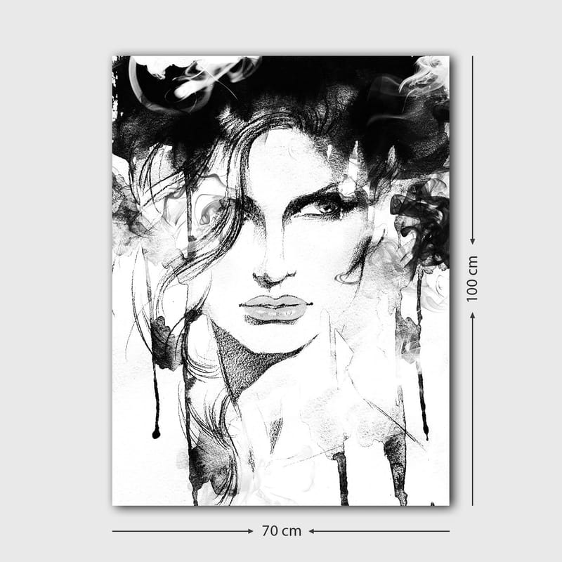 Lerretsbilde 70x100 cm - Stilisert portrett av en kvinne med dramatiske linjer og røykfylte elementer - Svart / Hvit / Grå - Interiør - Maleri & posters - Lerretsbilder