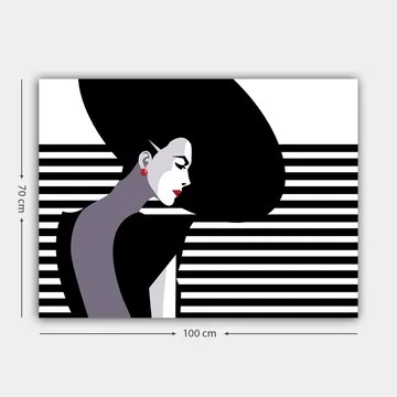 Lerretsbilde 70x100 cm - Stilisert profil av en kvinne med stort, svart hår og røde øredobber - Svart / Hvit / Grå - Interiør - Maleri & posters - Lerretsbilder