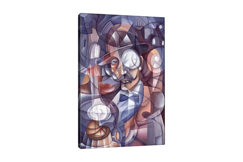 Lerretsbilde 70x100 cm - Stilisert portrett av en mann med hatt og monokkel, omgitt av abstrakte former og lyskilder, Mørk blå / Beige / Burgunder