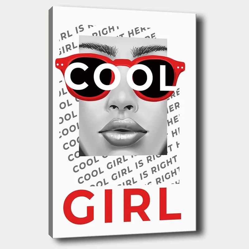 Lerretsbilde 70x100 cm - Stilisert portrett av en kvinne med kule solbriller, Rød / Svart / Grå