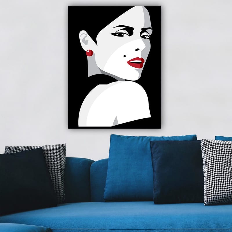 Lerretsbilde 70x100 cm - Stilisert portrett av en kvinne med et dramatisk utseende - Rød / Svart / Hvit - Interiør - Maleri & posters - Lerretsbilder