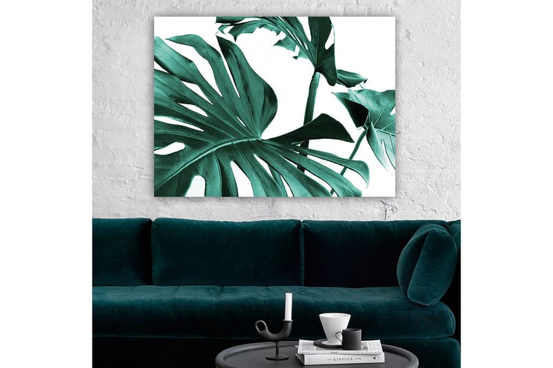 Lerretsbilde 70x100 cm - Stiliserte grønne palmeblader mot hvit bakgrunn - Mørkegrønn / Turkis - Interiør - Maleri & posters - Lerretsbilder