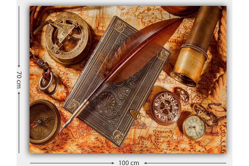 Lerretsbilde 70x100 cm - Stillbilde av antikke navigasjonsverktøy og en fjærpenn på et gammelt kart - Mørk brun / Gull / Oransje - Interiør - Maleri & posters - Lerretsbilder