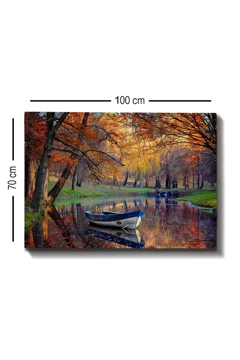 Lerretsbilde 70x100 cm - Stille båt på en speilblank innsjø omgitt av høstfarger - Oransje / Blå / Grønn - Interiør - Maleri & posters - Lerretsbilder