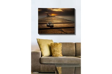 Lerretsbilde 70x100 cm - Stille brygge ved solnedgang med steiner i forgrunnen - Gull / Brun / Grå - Interiør - Maleri & posters - Lerretsbilder