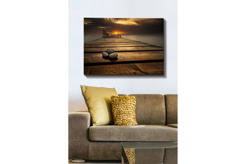 Lerretsbilde 70x100 cm - Stille brygge ved solnedgang med steiner i forgrunnen - Gull / Brun / Grå - Interiør - Maleri & posters - Lerretsbilder