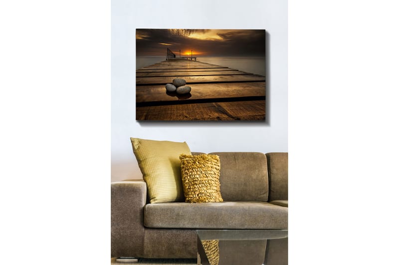 Lerretsbilde 70x100 cm - Stille brygge ved solnedgang med steiner i forgrunnen - Gull / Brun / Grå - Interiør - Maleri & posters - Lerretsbilder