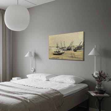 Lerretsbilde 70x100 cm - Stille havnelandskap med seilbåter forankret i rolige farvann - Grå / Beige / Mørk blå - Interiør - Maleri & posters - Lerretsbilder