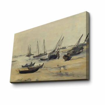 Lerretsbilde 70x100 cm - Stille havnelandskap med seilbåter forankret i rolige farvann - Grå / Beige / Mørk blå - Interiør - Maleri & posters - Lerretsbilder