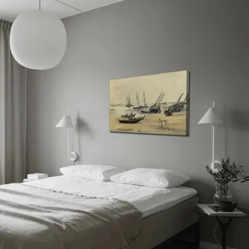 Lerretsbilde 70x100 cm - Stille havnelandskap med seilbåter forankret i rolige farvann - Grå / Beige / Mørk blå - Interiør - Maleri & posters - Lerretsbilder