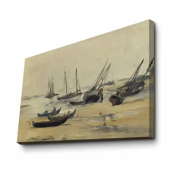 Lerretsbilde 70x100 cm - Stille havnelandskap med seilbåter forankret i rolige farvann - Grå / Beige / Mørk blå - Interiør - Maleri & posters - Lerretsbilder