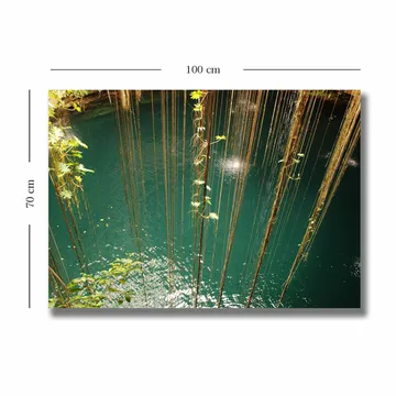 Lerretsbilde 70x100 cm - Stille vannflate omgitt av hengende vegetasjon og naturlige elementer - Turkis / Grønn / Brun - Interiør - Maleri & posters - Lerretsbilder