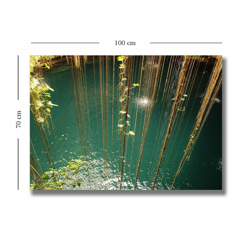 Lerretsbilde 70x100 cm - Stille vannflate omgitt av hengende vegetasjon og naturlige elementer - Turkis / Grønn / Brun - Interiør - Maleri & posters - Lerretsbilder