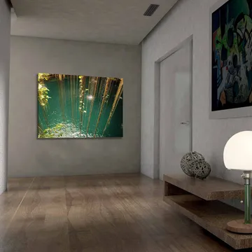 Lerretsbilde 70x100 cm - Stille vannflate omgitt av hengende vegetasjon og naturlige elementer - Turkis / Grønn / Brun - Interiør - Maleri & posters - Lerretsbilder