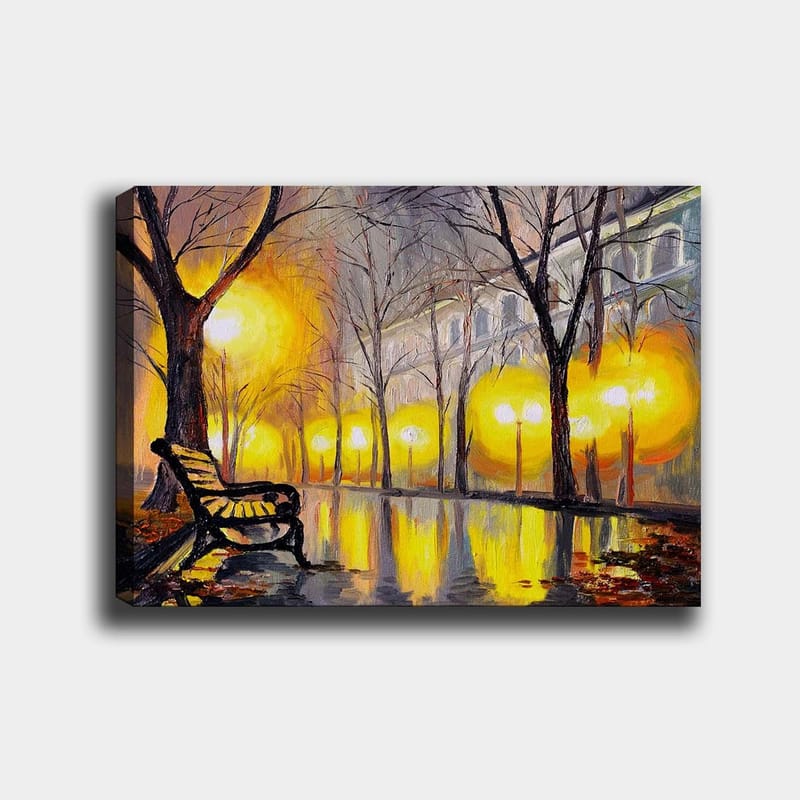 Lerretsbilde 70x100 cm - Stille park med en benk under et gult lys fra gatelykter, Gul / Brun / Grå