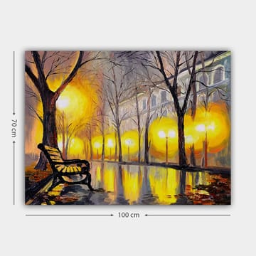 Lerretsbilde 70x100 cm - Stille park med en benk under et gult lys fra gatelykter - Gul / Brun / Grå - Interiør - Maleri & posters - Lerretsbilder
