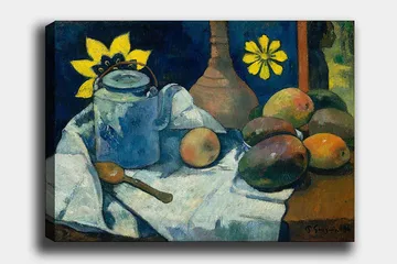 Lerretsbilde 70x100 cm - Stilleben med en blå mugge, frukt og en gul blomst - Blå / Gul / Grønn - Interiør - Maleri & posters - Lerretsbilder