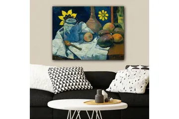 Lerretsbilde 70x100 cm - Stilleben med en blå mugge, frukt og en gul blomst - Blå / Gul / Grønn - Interiør - Maleri & posters - Lerretsbilder