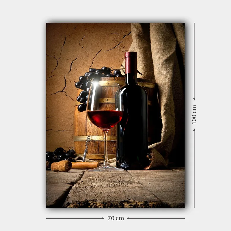 Lerretsbilde 70x100 cm - Stilleben med en flaske rødvin, et vinglass og druer på en treflate - Mørk rød / Brun / Svart - Interiør - Maleri & posters - Lerretsbilder