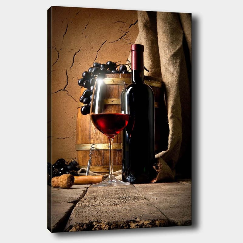 Lerretsbilde 70x100 cm - Stilleben med en flaske rødvin, et vinglass og druer på en treflate, Mørk rød / Brun / Svart