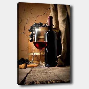 Lerretsbilde 70x100 cm - Stilleben med en flaske rødvin, et vinglass og druer på en treflate - Mørk rød / Brun / Svart - Interiør - Maleri & posters - Lerretsbilder