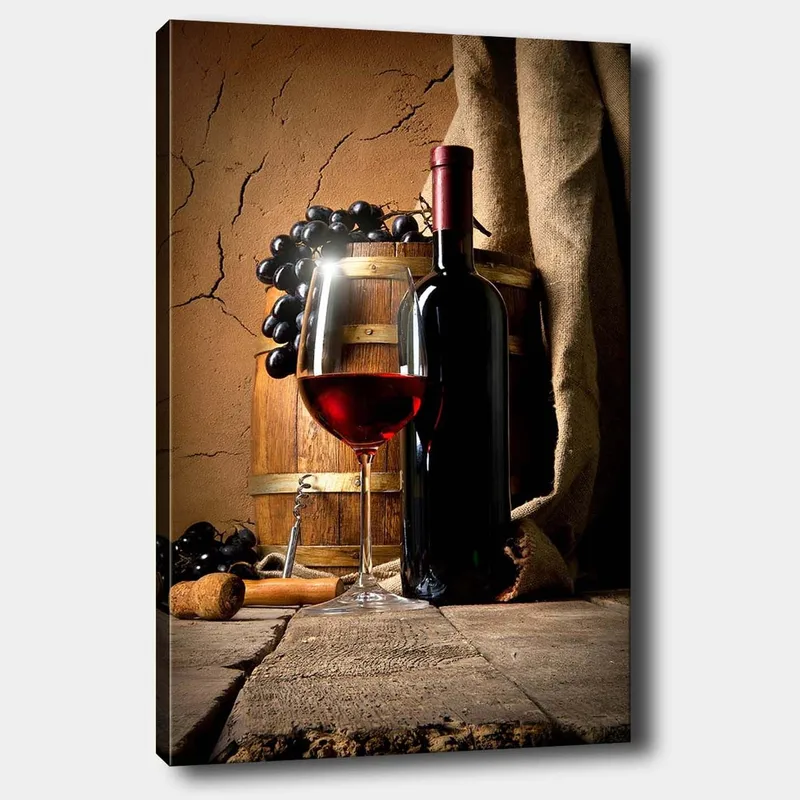 Lerretsbilde 70x100 cm - Stilleben med en flaske rødvin, et vinglass og druer på en treflate, Mørk rød / Brun / Svart