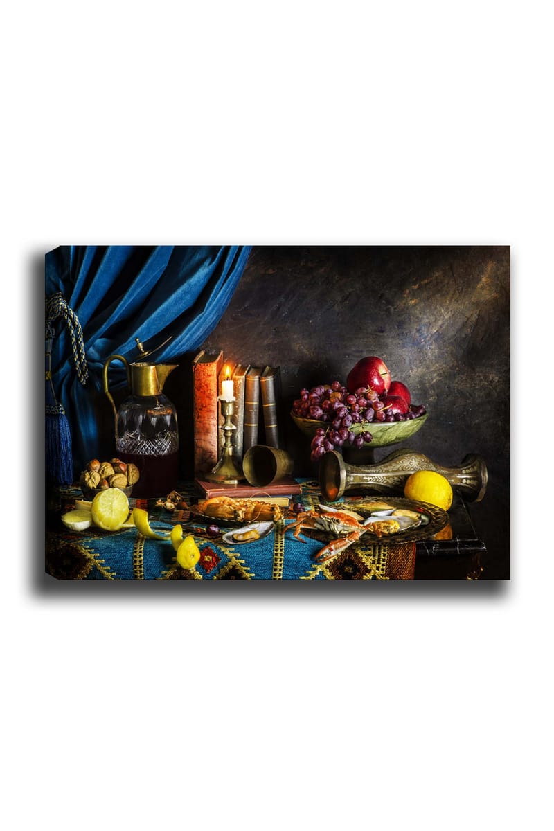 Lerretsbilde 70x100 cm - Stilleben med frukt, bøker og en mugge, som skaper en rik og innbydende atmosfære - Mørk blå / Rød / Grønn - Interiør - Maleri & posters - Lerretsbilder