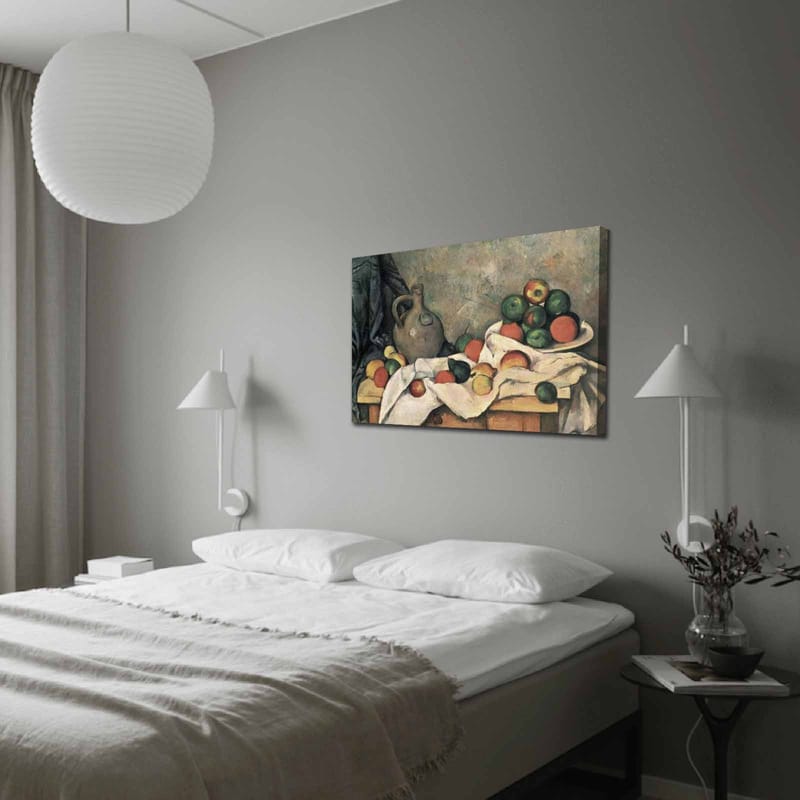 Lerretsbilde 70x100 cm - Stilleben med frukt og en keramisk mugge på et bord, Grønn / Rød / Beige