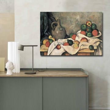 Lerretsbilde 70x100 cm - Stilleben med frukt og en keramisk mugge på et bord - Grønn / Rød / Beige - Interiør - Maleri & posters - Lerretsbilder