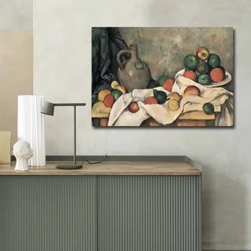 Lerretsbilde 70x100 cm - Stilleben med frukt og en keramisk mugge på et bord - Grønn / Rød / Beige - Interiør - Maleri & posters - Lerretsbilder
