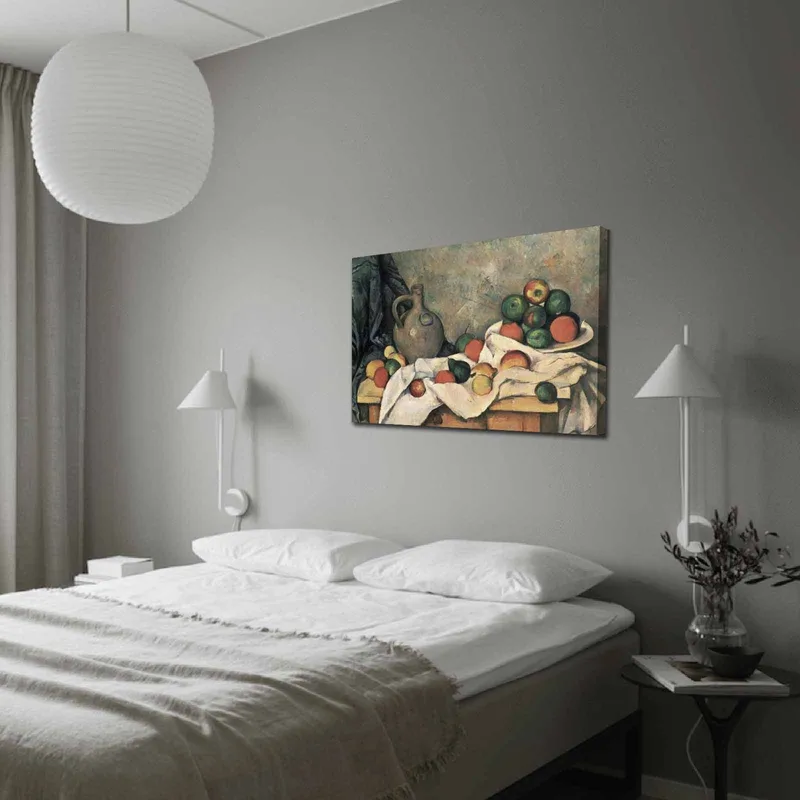 Lerretsbilde 70x100 cm - Stilleben med frukt og en keramisk mugge på et bord, Grønn / Rød / Beige