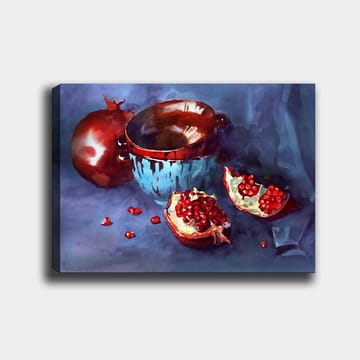 Lerretsbilde 70x100 cm - Stillhet med granatepler og en blå bolle - Rød / Blå / Brun - Interiør - Maleri & posters - Lerretsbilder