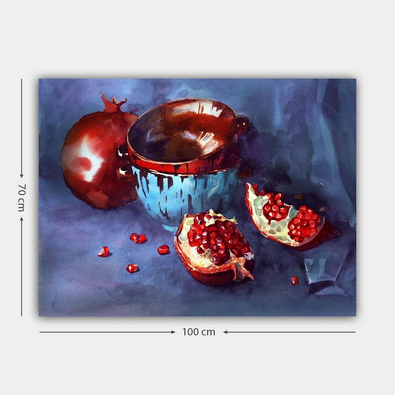Lerretsbilde 70x100 cm - Stillhet med granatepler og en blå bolle - Rød / Blå / Brun - Interiør - Maleri & posters - Lerretsbilder
