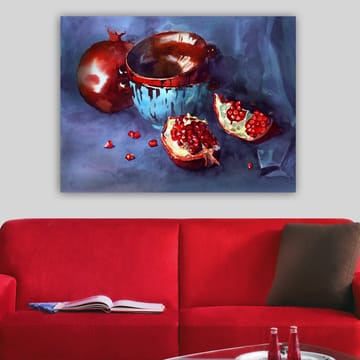 Lerretsbilde 70x100 cm - Stillhet med granatepler og en blå bolle - Rød / Blå / Brun - Interiør - Maleri & posters - Lerretsbilder
