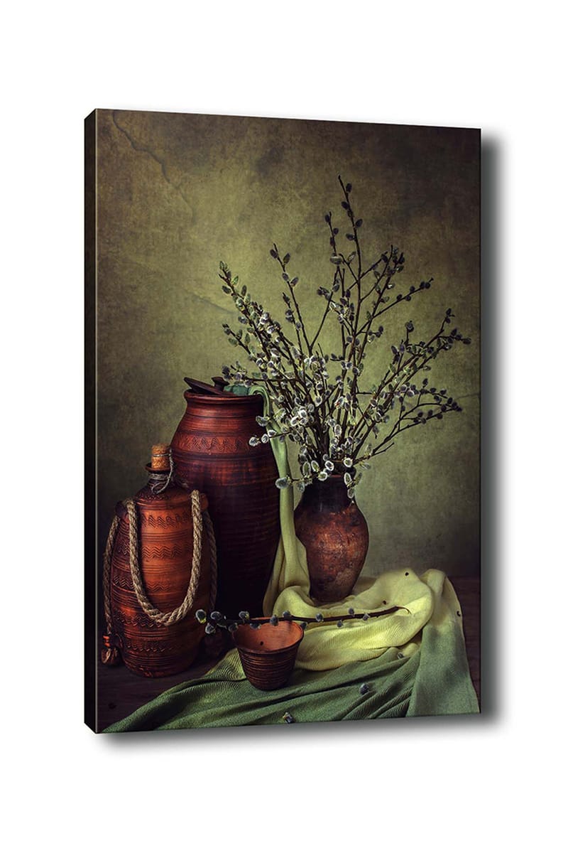 Lerretsbilde 70x100 cm - Stillhet med keramikk og grener i en harmonisk komposisjon, Mørk brun / Lys grønn / Olivengrønn