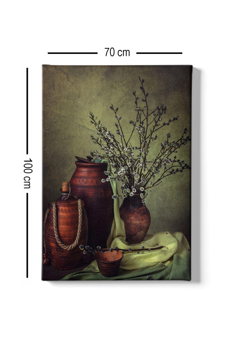Lerretsbilde 70x100 cm - Stillhet med keramikk og grener i en harmonisk komposisjon - Mørk brun / Lys grønn / Olivengrønn - Interiør - Maleri & posters - Lerretsbilder