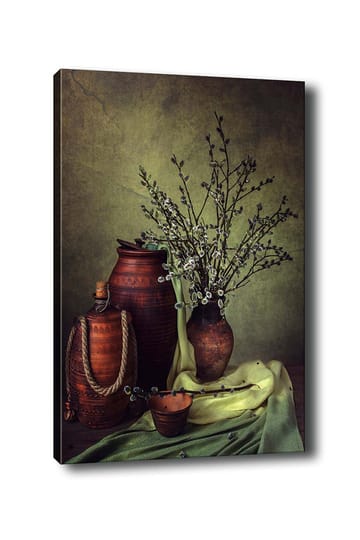 Lerretsbilde 70x100 cm - Stillhet med keramikk og grener i en harmonisk komposisjon - Mørk brun / Lys grønn / Olivengrønn - Interiør - Maleri & posters - Lerretsbilder