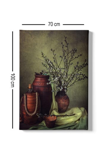 Lerretsbilde 70x100 cm - Stillhet med keramikk og grener i en harmonisk komposisjon - Mørk brun / Lys grønn / Olivengrønn - Interiør - Maleri & posters - Lerretsbilder