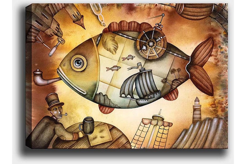 Lerretsbilde 70x100 cm - Stor, fantasifull fisk med seilbåter og et fyrtårn i drømmeaktige omgivelser - Brun / Grønn / Beige - Interiør - Maleri & posters - Lerretsbilder
