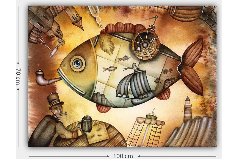 Lerretsbilde 70x100 cm - Stor, fantasifull fisk med seilbåter og et fyrtårn i drømmeaktige omgivelser - Brun / Grønn / Beige - Interiør - Maleri & posters - Lerretsbilder