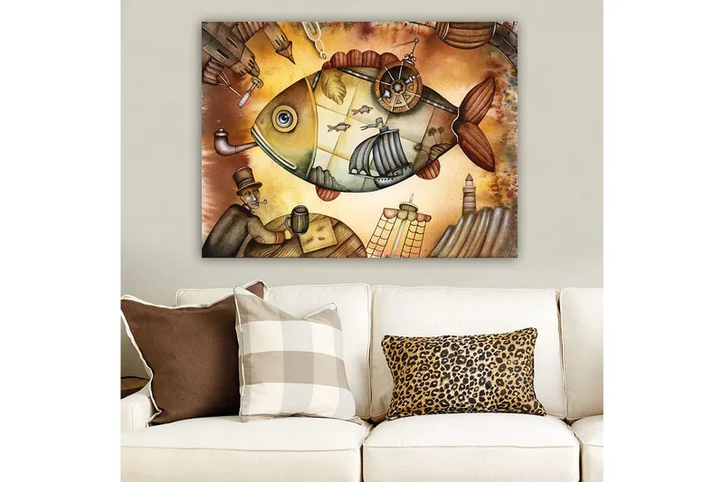 Lerretsbilde 70x100 cm - Stor, fantasifull fisk med seilbåter og et fyrtårn i drømmeaktige omgivelser, Brun / Grønn / Beige