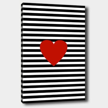Lerretsbilde 70x100 cm - Stor rød hjerteform mot en bakgrunn av svarte og hvite striper - Rød / Svart / Hvit - Interiør - Maleri & posters - Lerretsbilder
