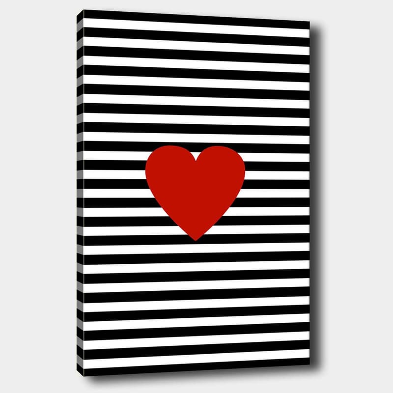 Lerretsbilde 70x100 cm - Stor rød hjerteform mot en bakgrunn av svarte og hvite striper, Rød / Svart / Hvit