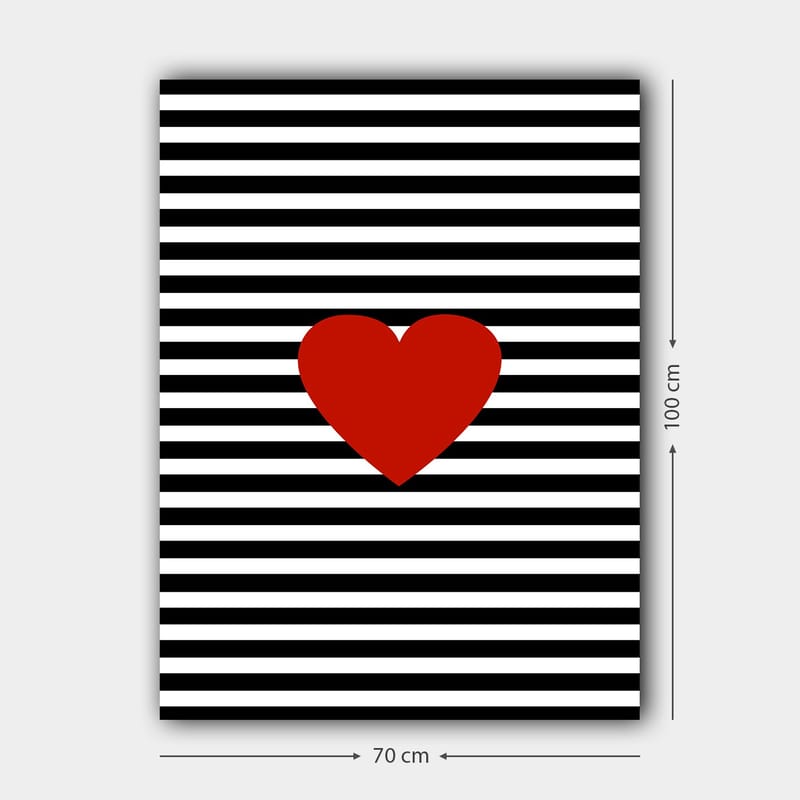 Lerretsbilde 70x100 cm - Stor rød hjerteform mot en bakgrunn av svarte og hvite striper - Rød / Svart / Hvit - Interiør - Maleri & posters - Lerretsbilder
