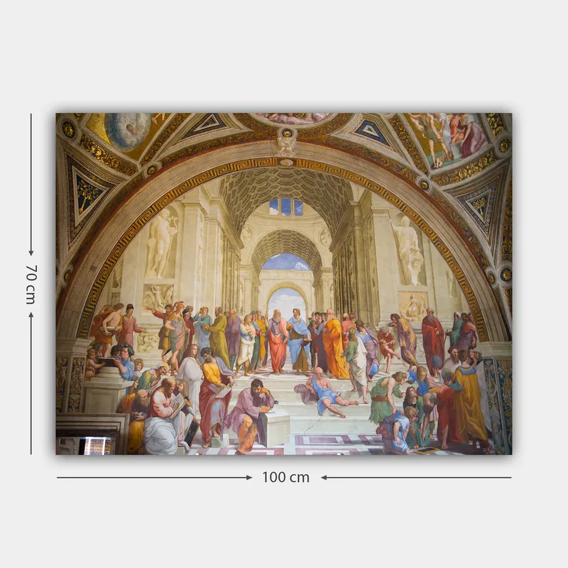 Lerretsbilde 70x100 cm - Stor samling av filosofer og tenkere i en praktfull arkitektonisk setting - Blå / Rød / Beige - Interiør - Maleri & posters - Lerretsbilder